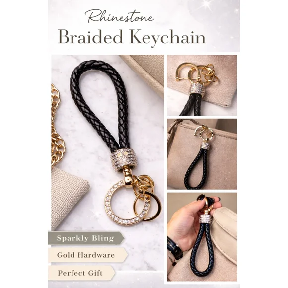 Rhinestone Braided Keychain Wristlet Black Gold Sparkle Bling Bag Charm - Picture 1 of 3